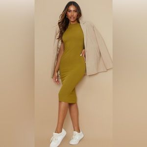 Olive Ribbed Crew Neck Midi Dress